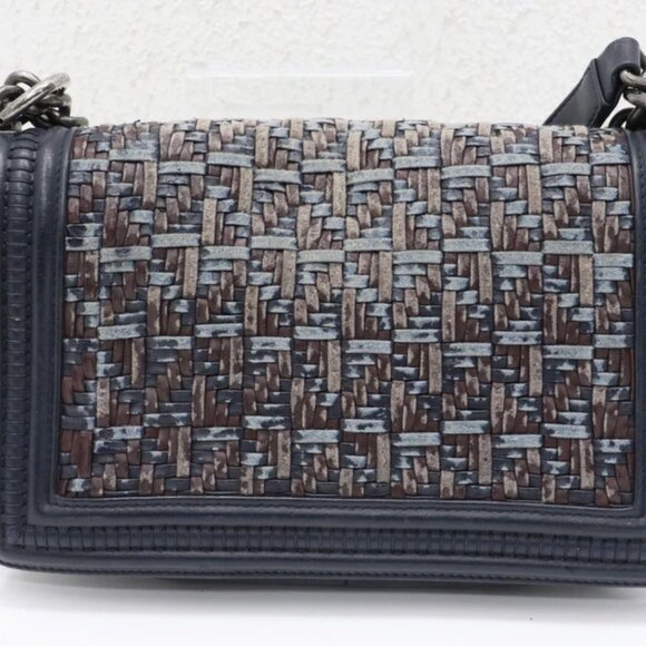 Chanel Medium Woven Boy Flap Bag Blue Dark Calf Leather Crossbody - Picture 4 of 14